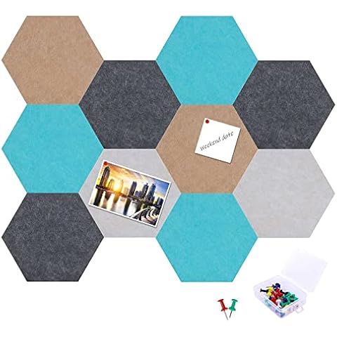 AHUNTTER 10PCS Pin Board for Bedrooms Hexagon Felt Board Tiles Self Adhesive Wall Memo Boards Decorations Bulletin Cork Board & Notice Board with 20 Push Pins for Home Office Kitchen, Coloured Cover