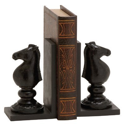 Bellaa 29752 Bookends Pair Horse Knight Chess Brown Black Polystone 7 Inch