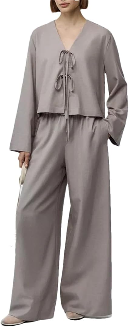 Alloaone Women's V Neck Summer Loose Two Piece Set Lace Up Top + Long Pants Suit Casual Elastic Waist Pocket Straight Outfit