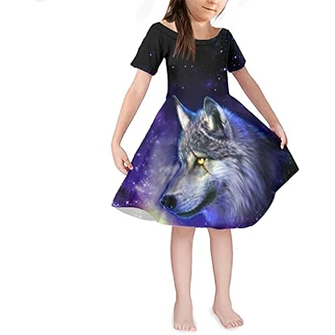 Renewold Galaxy Wolf Print Girls Dresses Kids Dress Casual Short Sleeve Sundress for Beach Twirly Skater Dress for Party Summer Clothes Size 3-14 Years Old Cover
