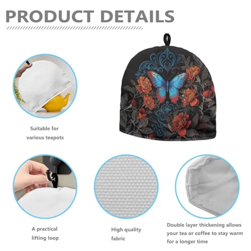 Image of Butterfly Peony Print Tea Pot Cover Teas Cosy Insulated Tea Cozies Home Kitchen Decoration Teapot Dust Cover Warming Tea Kettle Quilt Creative Gifts for Banquet