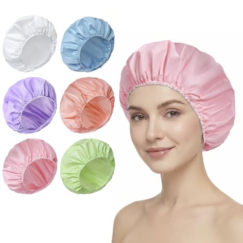 6 PCS Shower Caps for Women Double Side Waterproof Shower Cap PEVA Bath Caps for Shower Bathing Shower Caps - Candy Color