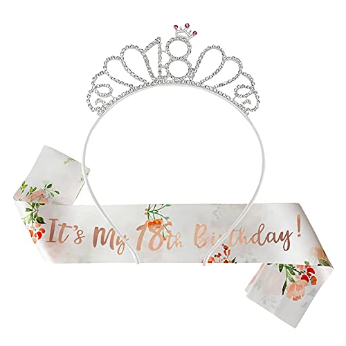 Yijunmca Juego 18 tiaras y fajas regalo cumpleaños para niña princesa diadema corona diamantes imitación faja feliz 18 cumpleaños decoración fiesta cumpleaños, tiara plateada/faja de impresión blanca Cover