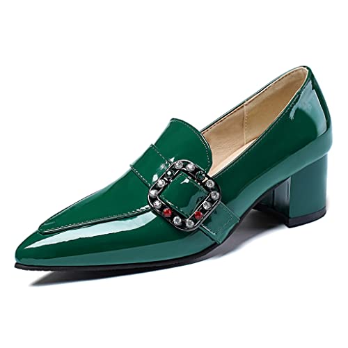 Women's Classic Buckle Slip On Loafers Pumps Pointed Toe Rhinestone Block Heel Office Dress Shoes