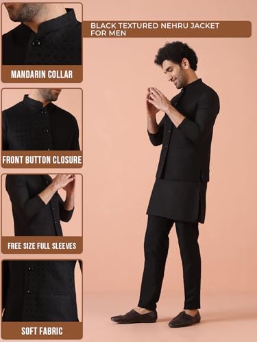 Image of Kisah Men's Cotton Blend Textured Nehru Jacket Regular Fit | Designer Ethnic Layering | Wedding & Occasion Wear