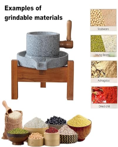 Stone milled,stone mill grinder for flour,stone mill wheat, grinding wet soybean milk, wheat flour, grain,peppers,spices (7.87inx11.8in), Black,with wooden frame