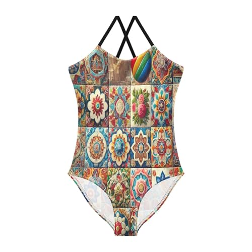 Colorful Tile Wall Bathing Suits for Girls Kids Swimsuits Summer Beach One Piece Swimsuits Swimwear