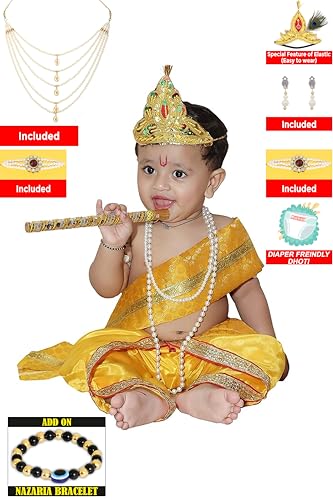 Image of Krishna Dress for Kids, Baby Krishna Dress for Janmashtami with Krishna Mukut, Peacock Feather & Flute Embroidered Krishna Costume for Girl & Boy, 3 Months-8 Years