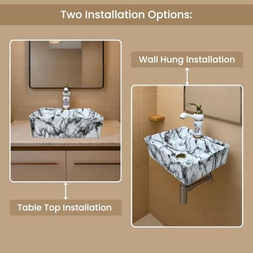 Image of Artiva Ceramic Wall Mounted Bathroom Basin /Designer Table Top Sink For Bathroom /Wall Hung Washbasin /Wash Basin For Cabinet, Countertop, Vanity /Glossy Vessel Sink (Cloudy White 16 x 12 x 5 Inch)