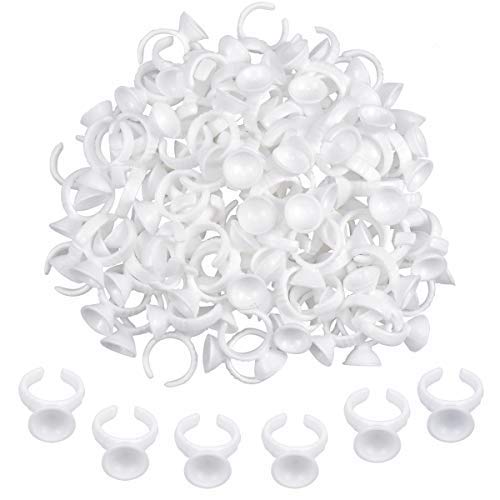 Kissral 200 PCS Colle Bagues, Glue Anneaux, Support de Colle jetable en Plastique pour Cils Extensions,Maquillage et Sourcils,Ongle Art Tatouage colle Titulaires, Pigment Ink Anneaux Tasses(Blanc) Cover