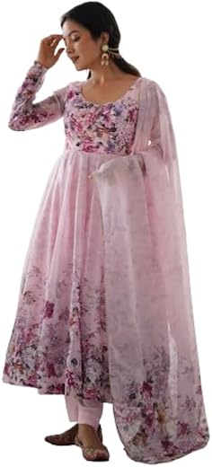 LV'S TRENDZ Design a new Pure Soft Organza Silk Fabric Fully Flair Kali Pattern Canvas pata Anarkali with Dupatta and Pent...