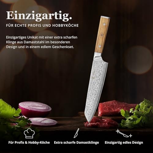 Wakoli Oribu Kiritsuke Messer 20 cm – Küchenmesser aus 67 Lagen - Damastmesser mit VG10 Kern, extra scharf, Olivenholzgriff, vielseitig für Fleisch, Fisch, Gemüse, Geschenkbox, Full Tang Messer scharf