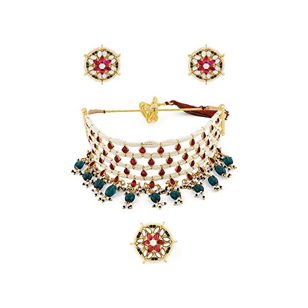 ZAVERI PEARLS Pink Kundan & Green Beads Choker Necklace Earring & Ring Set For Women-ZPFK11071