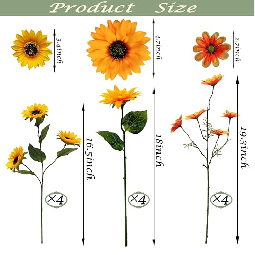 Image of Artificial Flowers of Textile 1.5ft Lifelike with 36 Heads(Three Different Diameter of Flowers) Long Stems, Mixed Blooms,Real Touch UV Resistant Look Real Realistic Silk (12 Bundles)