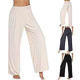 Pantaloni da pigiama da donna lunghi con polsini, in cotone, da donna, a gamba larga, elasticizzati, a vita alta, dritti, leggeri, eleganti, per il tempo libero, Nero , XL