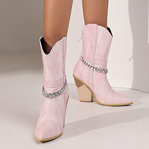 TDEOK Bierglas cowboylaarzen voor dames, comfortabele retro spitse neus, dikke hak, westernlaarzen met gemiddelde kuit, waterdichte heren