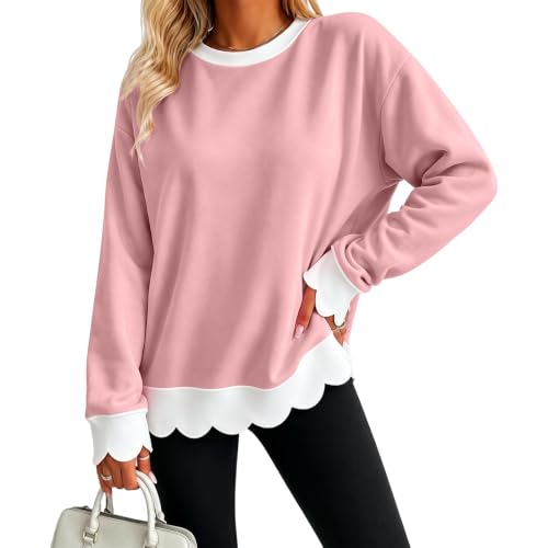 Fall Oversized Sweatshirt for Women Cotton Scalloped Hem Soft Pullover Tops - image 5