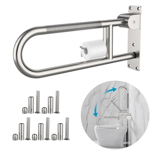 Image of Toilet Grab Bar 24 Inch, Munzong Anti-Slip Handicap Grab Bars with Paper Holder, Flip-Up Bathroom Toilet Safety Rails, Stainless Steel Knurled Support handrails for Seniors Elderly Disabled Pregnant