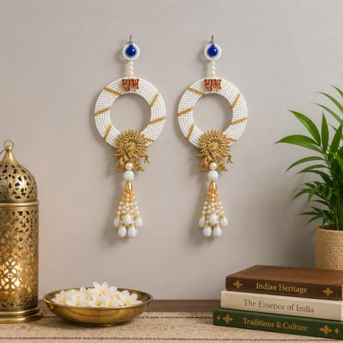 Image of eCraftIndia Shubh Labh Door Hanging Set of 2 | Handmade Pearl Beaded Toran with Golden Krishna Motif & Tassels | Decorative Wall Hanging for Main Door, Entrance, Pooja Room & Festive Decor