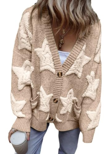 CHARTOU Women Sherpa Star Open Front Cardigan Sweaters Fall Winter Jumper Cute Top Button Down Knit Coat