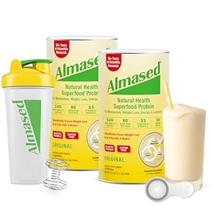 Almased Protein Powder for Weight Loss Kit for Men & Women, Natural Meal Replacement Shake for Weight Loss, Supplement, 24 Grams of Protein Per Serving (Original Flavor, 2 Cans @ 17.6 oz ea + Shaker Bottle + Scoop)