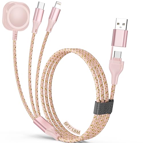 Travel Essentials 3 in 2 Multi Charging Cable,for Apple Watch Charger iPhone Watch Charger,6FT USB A/Type C/Lightning Cable for iWatch Ultra/SE/10-2,iPhone 16-5s,Nintendo Switch,iPad,Galaxy S23