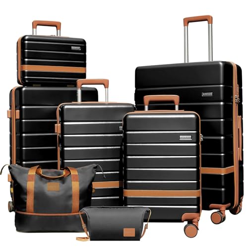 Image of 7 Piece Luggage Set for Family Travel, Lightweight Hardshell PC+ABS Suitcases set, Suitcase with 8 Smooth Spinner Wheels, TSA Lock, YKK Zippers(Black)