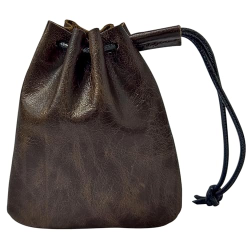 ELNX Münzbeutel, 12,2 x 10 cm, Lederbeutel, Kleiner Kordelzugbeutel, Schmuckbeutel, Rindsleder, Schmuckaufbewahrung, Geschenkbeutel, Partygeschenke, Herren, Damen (Braun)