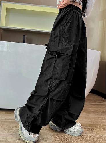 Image of Girls Cargo Pants Elastic Waist Drawstring with Pockets Pants | 6-14 years High Waist Loose fit School Hiking Casual
