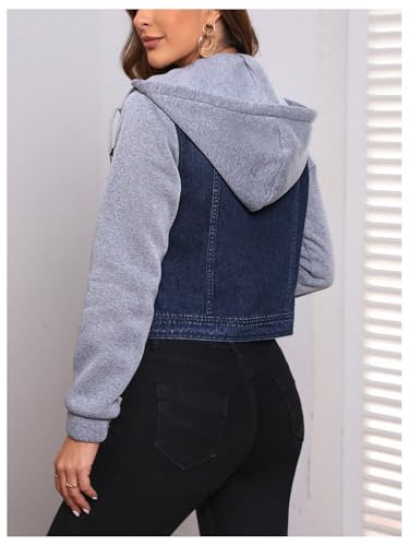 SOLY HUX Women's Hooded Denim Jacket Color Block Button Down Drawstring Long Sleeve Cropped Jean Jackets2