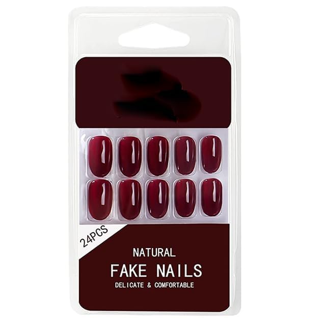 BANIRA Artifical Fake Nails With Buffer & Glue, Natural False Nails Delicate & Comfortable With Long-Lasting And Waterproof For Women [Maroon] (Pack Of 24)-image-8