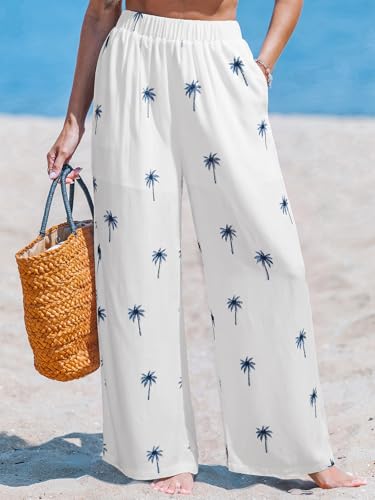 Image of CUPSHE Women's Wide Leg Beach Pants - Tropical Floral with Pockets Plus Size Casual Flowy Vacation Bottoms
