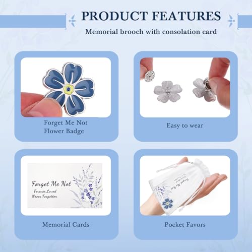 Image of 20 Pcs Bulk Memorial Pins for Funeral Guests - Flower Brooches with Poem Cards & Forget-Me-Not Design | Celebration of Life Favors, Sympathy Remembrance Gifts