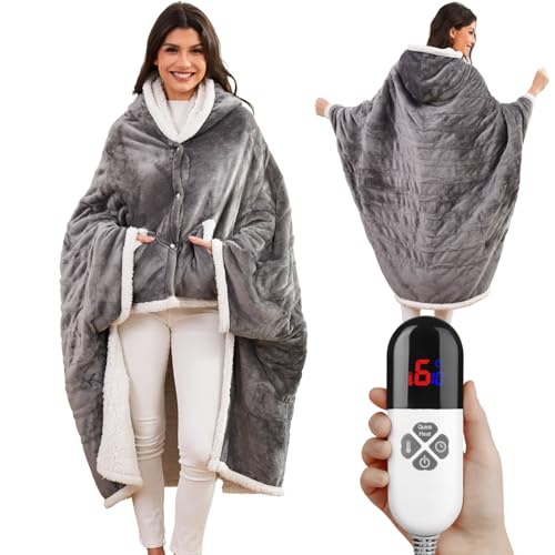 Klaggie Heated Shawl Wraps for Women, Wearable Heated Throw Blanket, Electric Heated Wrap Poncho with Pockets,6 Heating Levels 4 Hours Auto-Off, Overheat Protection Machine Washable, 50”x64”, Grey