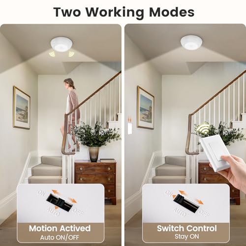 SURAIELEC Battery Ceiling Light with Wall Switch, Motion Sensor Light Indoor, Wireless Wall Switch Remote, 6500K, 300LM, Battery Powered Ceiling Light for Closet, Pantry, Laundry, and Shed, 1-Pack