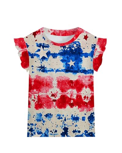 Image of Toddler Girls July 4th Shirts American Flag Ruffle Short Sleeve Patriotic Red White Blue Star Outfits Blouse Tops