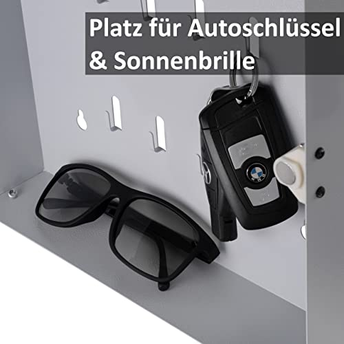 BALOU Schlüsselkasten modern mit Glas Magnettafel - Memoboard magnetisch mit 6 Magneten und Stift - Schlüsselschrank groß mit 20 Haken 33x33x6,8cm milchglas Weiss