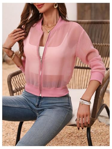 Floerns Women's Mesh Sheer Zip Up Bomber Jacket Baseball Collar Long Sleeve Outwear4