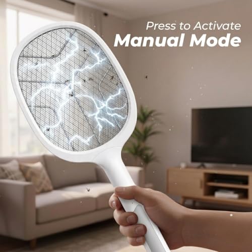 Image of 2 in 1 Mosquito Killer Racket with UV Light | Manual & Auto Kill Modes | Rechargeable Lithium Battery | Type-C USB Charging | Electric Mosquito Bat with Base Stand (White)