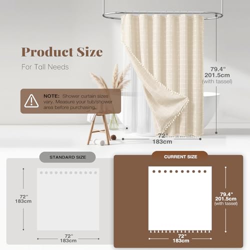 Image of BTTN 3 in 1 Shower Curtain with PEVA Liner, 78 Long Boho Linen Fabric Shower Curtain Set with Plastic Hook, Farmhouse Bohemian Cute Waterproof Cloth Shower Curtain for Bathroom, Cream /Beige, 72x78