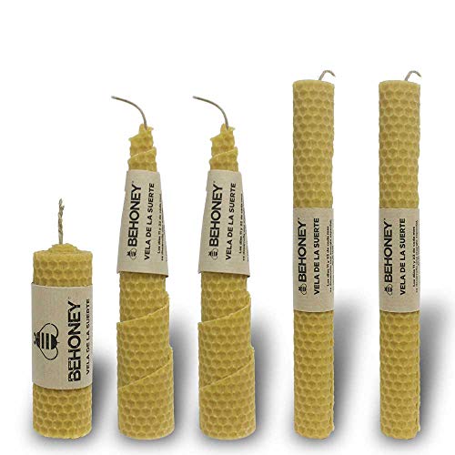 Pack 5 Velas de cera de abeja BEHONEY, 1 vela de diámetro aprox 3cm y altura de 10cm, 2 velas diámetro aprox en la base de 3cm y altura de 20cm, 2 velas de diámetro aproximado de 2cm y altura de 20cm