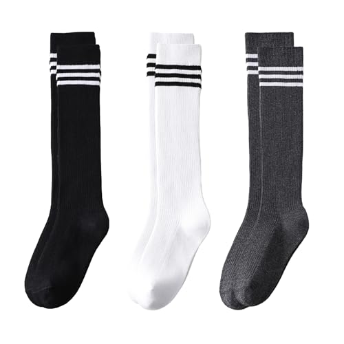 Cotton Knee High Socks for Girls,Long Tube School Uniform Socks with Stripes,White Navy 3-5/5-8/8-10 Years Old