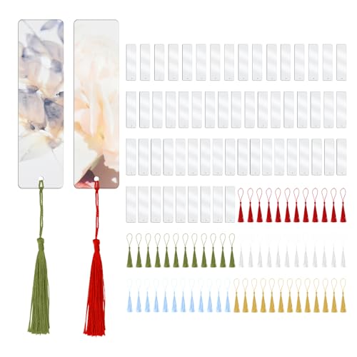 60 PCS Acrylic Bookmark Blanks Clear Acrylic DIY Blank Bookmarks with 60 Multi-Color Bookmark Tassels for DIY and Graduation Gift Tag Decoration