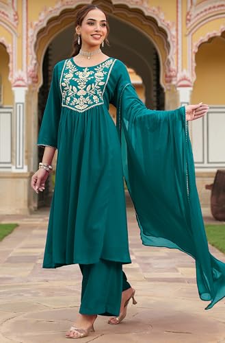 Image of Janasya Women's Georgette Embroidered A-line Kurta with Palazzo Dupatta Set