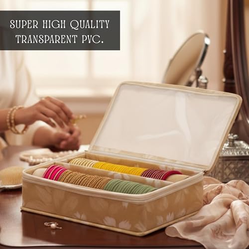 Image of PVC 2- Rod Bangle Box Organizer for Women | Hard Board Chudi Storage Box with Removable Rods & Transparent Top Window | Jewellery Organizer | Beige, Pack of 4