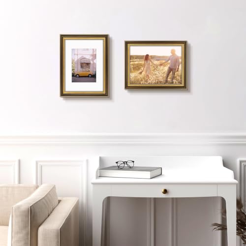 Image of Golden State Art,9x12 Ornate Picture Frame Holds 6x8 Photo,Brown Gold | Includes real glass front,white mat,build-in hangers and buttons.Displays 6x8 photo on wall