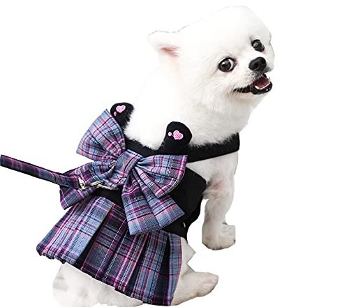 Dog Harnesses with Leash Set,Soft Pet Plaid Princess Dresses Sweetie Bowknot Puppy Check Skirt with Pink Love Dress Harness for Small Medium Girl Dogs Cats (Purple, S) โ image 1