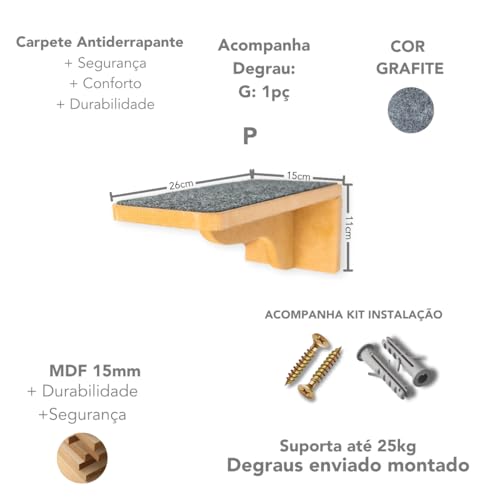Prateleira para Gatos Tamanho P Resistente Já Montado Com Kit Fixação e Seguro (Carpete Grafitte, P)
