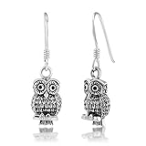 925 Oxidized Sterling Silver Detailed Wisdom Owl Black Eyes Dangle Hook Earrings, 28 mm