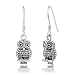925 Oxidized Sterling Silver Detailed Wisdom Owl Black Eyes Dangle Hook Earrings, 28 mm